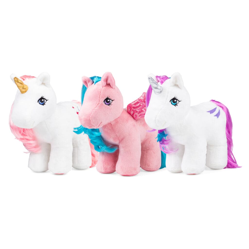 Group shot of plush unicorn and pegasus ponies.