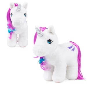 White plush unicorn with purple hair - front view.