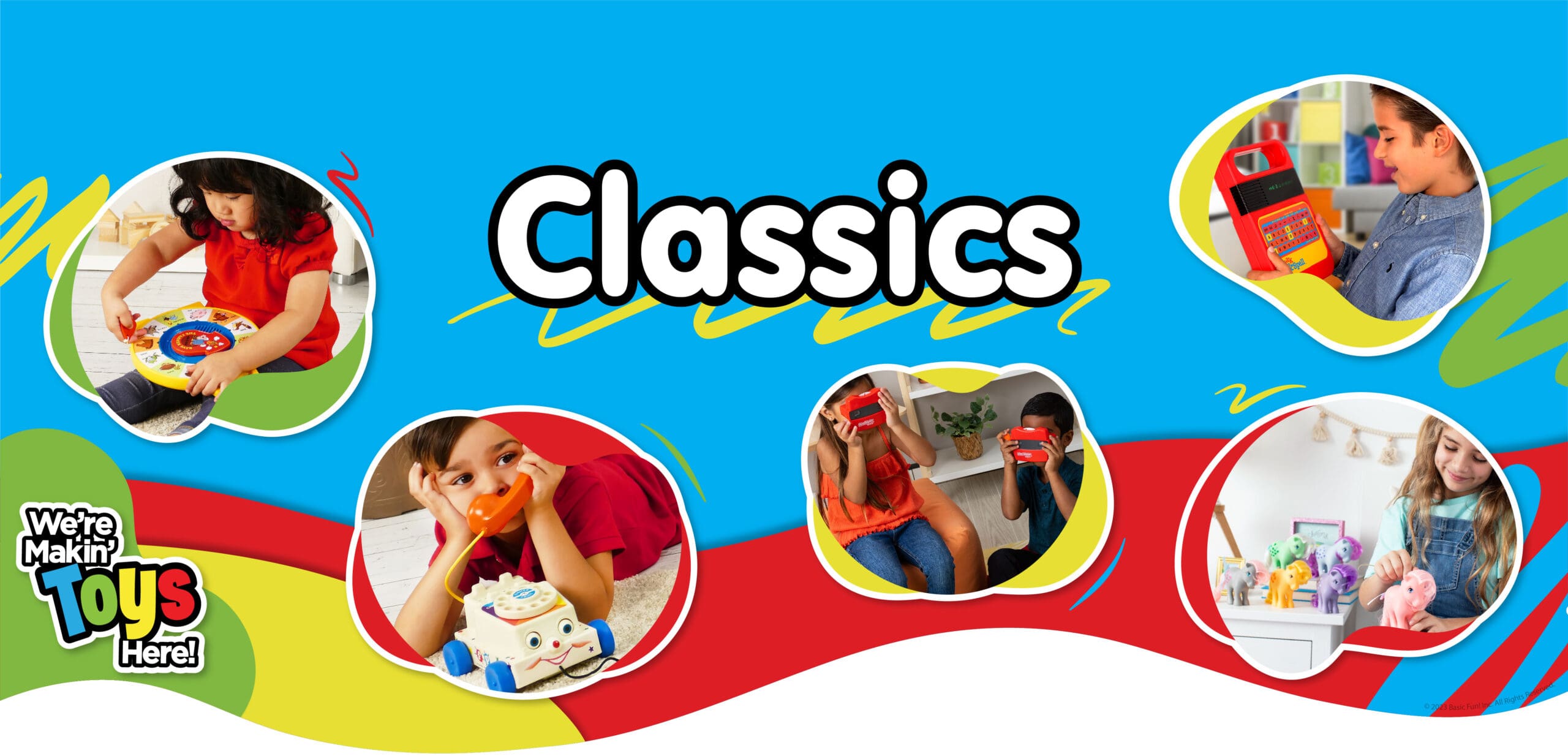 Classics banner featuring kids playing with toys