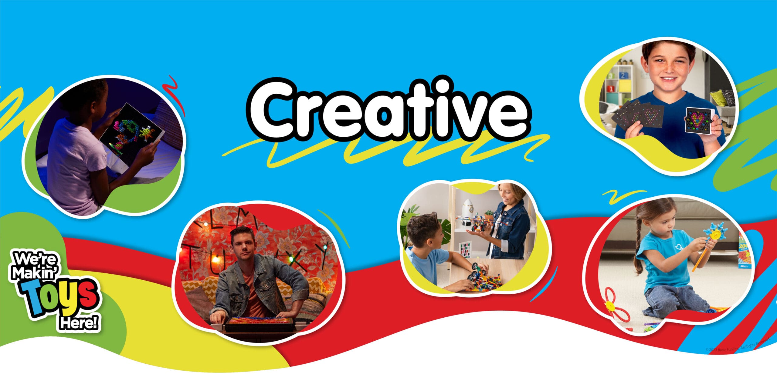 Creative banner featuring kids playing with toys