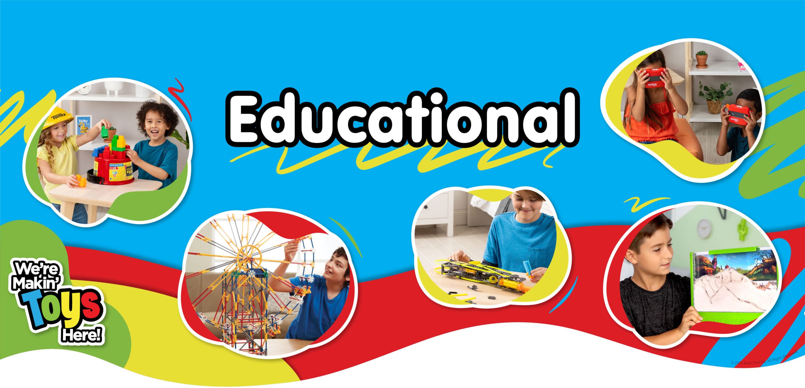 Educational banner featuring kids playing with toys