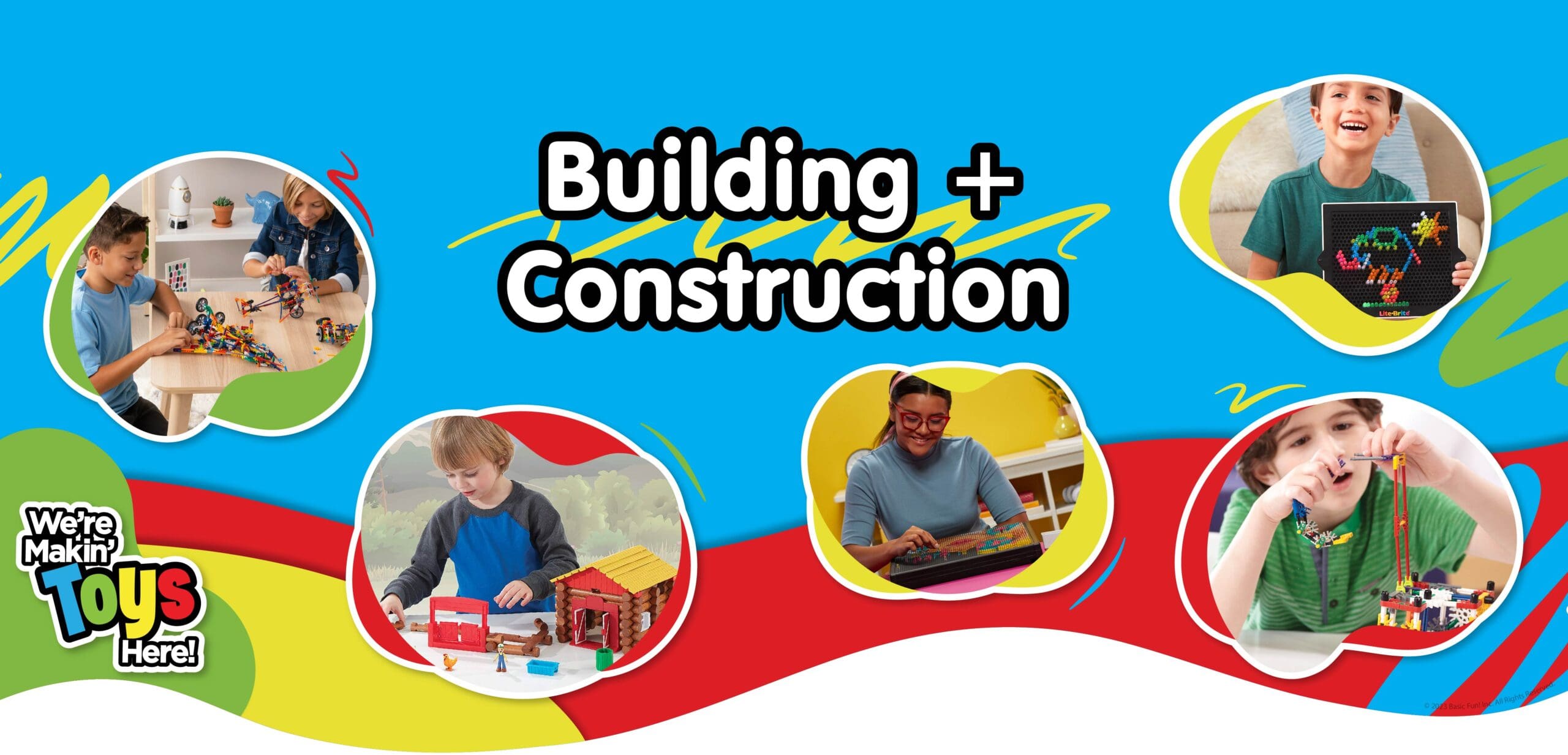 Building and Construction banner featuring kids playing with toys