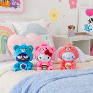 Three Care Bears Funsize plush displayed in a lifestyle setting, surrounded by colorful decorations, promoting a playful and cheerful atmosphere.